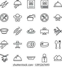 Thin Line Icon Set - spoon and fork vector, waiter, dish, restaurant table, serviette, cafe, menu, plates, dress code, steak, kebab, bowl, steaming pan, sushi