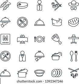 Thin Line Icon Set - spoon and fork vector, waiter, dish, restaurant table, cafe, menu, plates, dress code, chicken, steak, kebab, ham, bowl, steaming pan, sushi