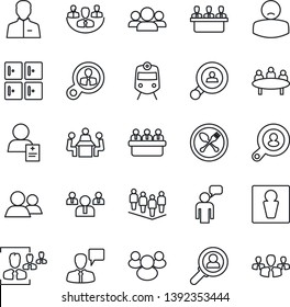 Thin Line Icon Set - spoon and fork vector, train, male, checkroom, speaking man, team, meeting, patient, group, user, company, hr, client search, consumer