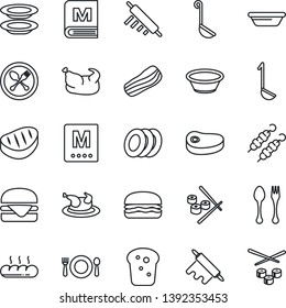 Thin Line Icon Set - spoon and fork vector, cafe, menu, plates, bacon, bread, chicken, steak, kebab, hamburger, ladle, bowl, rolling pin, sushi