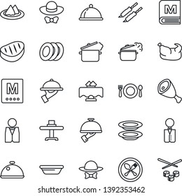 Thin Line Icon Set - spoon and fork vector, waiter, dish, restaurant table, serviette, cafe, menu, plates, dress code, chicken, steak, kebab, ham, bowl, steaming pan, sushi
