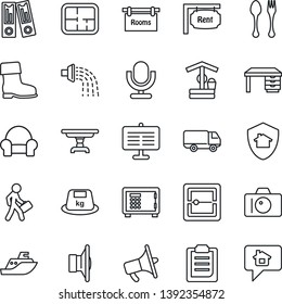 Thin Line Icon Set - spoon and fork vector, camera, safe, office binder, desk, watering, boot, well, sea shipping, car delivery, heavy, speaker, loudspeaker, microphone, scanner, clipboard, manager