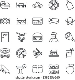 Thin Line Icon Set - spoon and fork vector, cook, serviette, cafe, cocktail, phyto bar, salad, salt pepper, building, table, vip zone, dress code, open close, credit card, steak, ham, hamburger