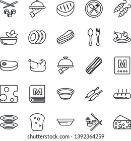Thin Line Icon Set - spoon and fork vector, menu, salad, plates, bacon, waiter, bread, chicken, steak, kebab, bowl, sushi, cheese