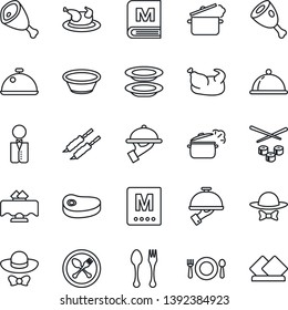 Thin Line Icon Set - spoon and fork vector, waiter, dish, restaurant table, cafe, menu, plates, dress code, chicken, steak, kebab, ham, bowl, steaming pan, sushi, serviette