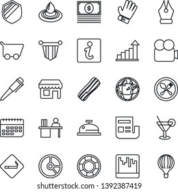 Thin Line Icon Set - spoon and fork vector, smoking place, growth statistic, pennant, pen, circle chart, glove, term, shield, video camera, scanner, news, ink, manager desk, reception, cocktail