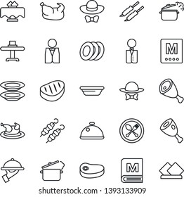 Thin Line Icon Set - spoon and fork vector, waiter, dish, restaurant table, menu, plates, dress code, chicken, steak, kebab, ham, bowl, steaming pan, serviette