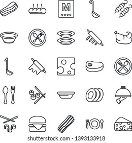 Thin Line Icon Set - spoon and fork vector, cafe, menu, plates, bacon, waiter, bread, chicken, steak, kebab, hamburger, ladle, bowl, rolling pin, sushi, cheese