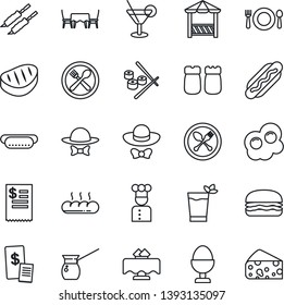 Thin Line Icon Set - spoon and fork vector, cook, restaurant table, cafe, cocktail, phyto bar, egg stand, salt pepper, bread, dress code, alcove, receipt, steak, kebab, hamburger, hot dog, sushi
