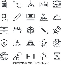 Thin Line Icon Set - spoon and fork vector, reception bell, baby, identity, speaking man, pen, meeting, job, medical calendar, cash, paper pin, mobile camera, protect, brightness, archive box, idea