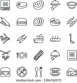 Thin Line Icon Set - spoon and fork vector, cafe, menu, salad, plates, bacon, waiter, bread, steak, kebab, hamburger, ladle, bowl, rolling pin, sushi, cheese