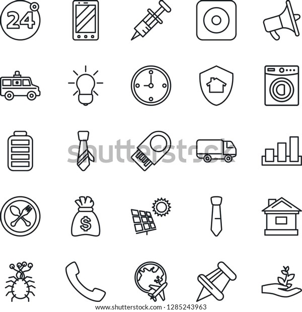 Thin Line Icon Set - spoon and fork vector, 24\
around, plane globe, mobile phone, money bag, house, syringe,\
ambulance car, virus, delivery, sorting, loudspeaker, paper pin,\
battery, rec button, tie