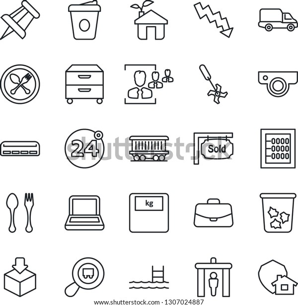 Thin Line Icon Set - spoon and fork vector, 24\
around, security gate, trash bin, case, crisis graph, coffee,\
drawing pin, ripper, scales, railroad, car delivery, package,\
search cargo, hr, abacus