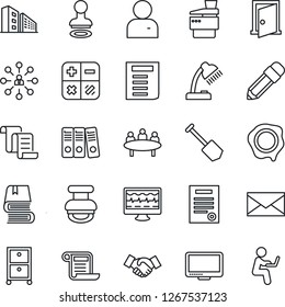 Thin Line Icon Set - stamp vector, handshake, contract, mail, hierarchy, calculator, document, meeting, job, monitor pulse, user, paper binder, desk lamp, archive box, copier, pencil, book, door