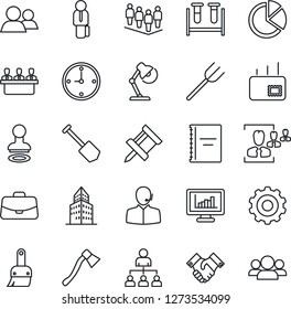Thin Line Icon Set - stamp vector, gear, hierarchy, case, team, job, farm fork, axe, blood test vial, group, themes, copybook, clock, monitor statistics, drawing pin, office building, pie graph, hr