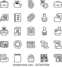 Thin Line Icon Set - stamp vector, contract, office binder, document search, notepad, reload, printer, clipboard, case, paper clip, news, folder, checklist, copier, estate, certificate
