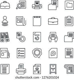 Thin Line Icon Set - stamp vector, office binder, document search, notepad, reload, printer, folder, news, clipboard, case, checklist, archive box, contract, estate