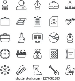Thin Line Icon Set - stamp vector, hierarchy, case, money bag, job, pruner, boot, themes, clipboard, copybook, clock, presentation board, pie graph, document search, calculator, ink pen, support