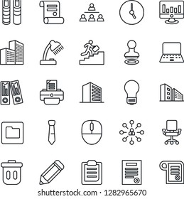 Thin Line Icon Set - stamp vector, office building, hierarchy, binder, mouse, notebook pc, bulb, statistic monitor, pencil, printer, contract, clock, folder, clipboard, desk lamp, tie, career ladder