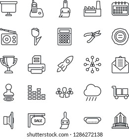 Thin Line Icon Set - Stamp Vector, Hierarchy, Presentation Board, Printer, Pruner, Rain, Cargo, Tulip, Radio, Speaker, Equalizer, Phone, Mail, Themes, Sale, Factory, Hot Dog, Group, Rocket, Calendar