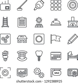 Thin Line Icon Set - Stamp Vector, Ladder, Hoe, Hospital Bed, Implant, Store, Term, Clipboard, Hdmi, Menu, Record, Cut, Monitor Statistics, Pencil, Mail, Sun Panel, Sale, Children Room, Fireplace
