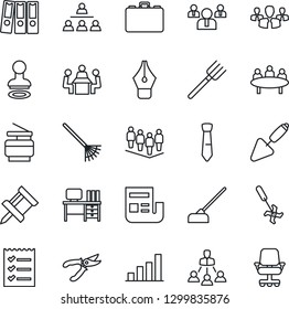 Thin Line Icon Set - stamp vector, case, team, desk, meeting, trowel, farm fork, rake, pruner, hoe, ripper, drawing pin, bar graph, news, ink pen, checklist, paper binder, tie, copier, hierarchy