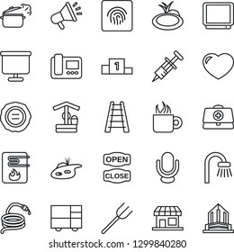 Thin Line Icon Set - stamp vector, farm fork, ladder, well, hose, pond, doctor case, syringe, consolidated cargo, tv, microphone, heart, fingerprint id, presentation board, bathroom, coffee