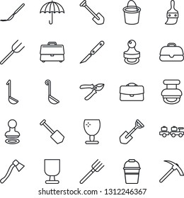 Thin Line Icon Set - stamp vector, baggage larry, job, shovel, farm fork, bucket, pruner, axe, scalpel, fragile, umbrella, themes, case, ladle, hard work