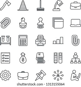 Thin Line Icon Set - stamp vector, border cone, gear, hierarchy, case, rake, axe, blood test vial, drawing pin, paper clip, bar graph, calculator, blank box, checklist, desk lamp, printer, book