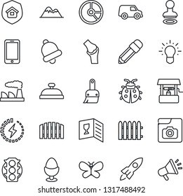 Thin Line Icon Set - stamp vector, mobile phone, factory, circle chart, fence, butterfly, lady bug, well, joint, traffic light, themes, bell, photo gallery, charge, pencil, mountains, wine card, car