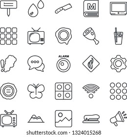 Thin Line Icon Set - stamp vector, butterfly, plant label, tv, dialog, menu, gallery, settings, application, stapler, mountains, wireless, phyto bar, ham, knife, water, smoke detector, alarm led