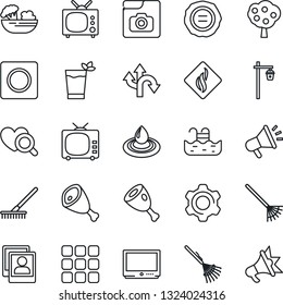 Thin Line Icon Set - stamp vector, rake, garden light, heart diagnostic, route, tv, menu, settings, record, photo gallery, pool, fruit tree, phyto bar, salad, ham, water, smoke detector, advertising