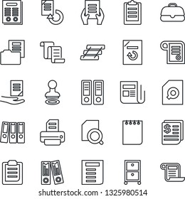 Thin Line Icon Set - stamp vector, contract, office binder, notepad, document, reload, printer, receipt, news, clipboard, folder, search, paper, tray, archive box, case