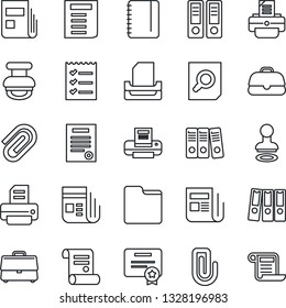 Thin Line Icon Set - stamp vector, office binder, document search, notepad, printer, contract, news, folder, case, paper clip, checklist, tray, certificate