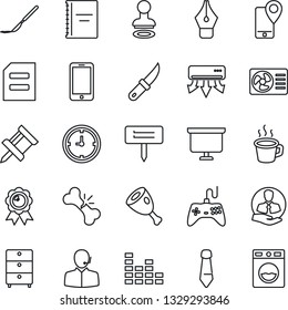Thin Line Icon Set - stamp vector, mobile phone, medal, tie, document, presentation board, garden knife, plant label, scalpel, broken bone, client, tracking, clock, archive chest, gamepad, equalizer