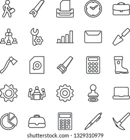 Thin Line Icon Set - stamp vector, gear, trowel, boot, saw, axe, settings, root setup, case, clock, bar graph, pie, document search, calculator, meeting, paper tray, notebook pc, hierarchy, manager