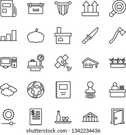 Thin Line Icon Set - stamp vector, clouds, luggage scales, pennant, seedling, axe, pumpkin, fireplace, greenhouse, up side sign, search cargo, satellite, network, brightness, copybook, bar graph, pc