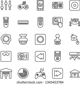 Thin Line Icon Set - stamp vector, radar, scales, gamepad, settings, remote control, fast forward, rewind, rec button, record, air conditioner, vip zone, home, app, garage gate