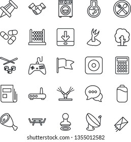 Thin Line Icon Set - stamp vector, handshake, drawing pin, tree, sproute, picnic table, pills, satellite antenna, gamepad, dialog, rec button, download, battery, news, abacus, washer, cafe, ham