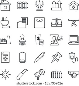 Thin Line Icon Set - stamp vector, pen, document reload, fence, house, sun, garden knife, picnic table, doctor case, dropper, scales, up side sign, microphone, laptop pc, low battery, drawing pin