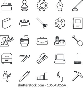 Thin Line Icon Set - stamp vector, case, meeting, job, rake, pruner, hoe, sickle, settings, copybook, bar graph, hr, ink pen, office phone, blank box, manager desk, notebook pc, archive, copier