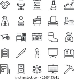 Thin Line Icon Set - stamp vector, desk, money bag, wheelbarrow, boot, blood test vial, themes, clipboard, calendar, presentation board, news, office phone, checklist, point graph, paper tray, pen