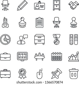 Thin Line Icon Set - stamp vector, speaking man, identity card, office chair, medal, mouse, meeting, calendar, circle chart, monitor pulse, phone, paper pin, clipboard, case, point graph, pencil