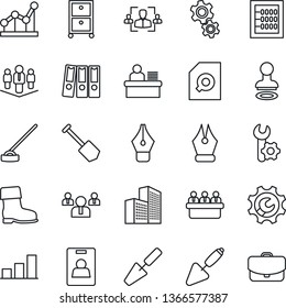 Thin Line Icon Set - stamp vector, team, meeting, job, trowel, boot, hoe, root setup, office building, bar graph, document search, identity card, hr, abacus, ink pen, point, manager desk, company