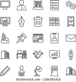 Thin Line Icon Set - stamp vector, medical room, manager, gear, mail, office building, abacus, desk, statistic monitor, calendar, radio phone, user, statistics, drawing pin, identity card, ink pen