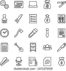 Thin Line Icon Set - stamp vector, office chair, money bag, job, pruner, saw, axe, calendar, clock, news, document search, calculator, checklist, tie, notebook pc, archive box, pencil, contract, pen