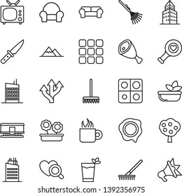 Thin Line Icon Set - stamp vector, rake, heart diagnostic, route, railroad, menu, application, office building, fruit tree, mountains, cushioned furniture, tv, flower in pot, city house, phyto bar