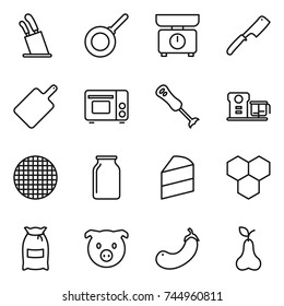 thin line icon set : stands for knives, pan, kitchen scales, chef knife, cutting board, grill oven, blender, food processor, sieve, bank, cake, honeycombs, flour, pig, eggplant, pear