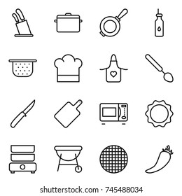 thin line icon set : stands for knives, pan, vegetable oil, colander, cook hat, apron, big spoon, knife, cutting board, microwave oven, induction, double boiler, bbq, sieve, hot pepper
