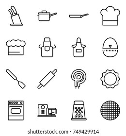 thin line icon set : stands for knives, saute pan, cook hat, chief, apron, egg timer, spatula, rolling pin, elecric oven, induction, food processor, grater, sieve